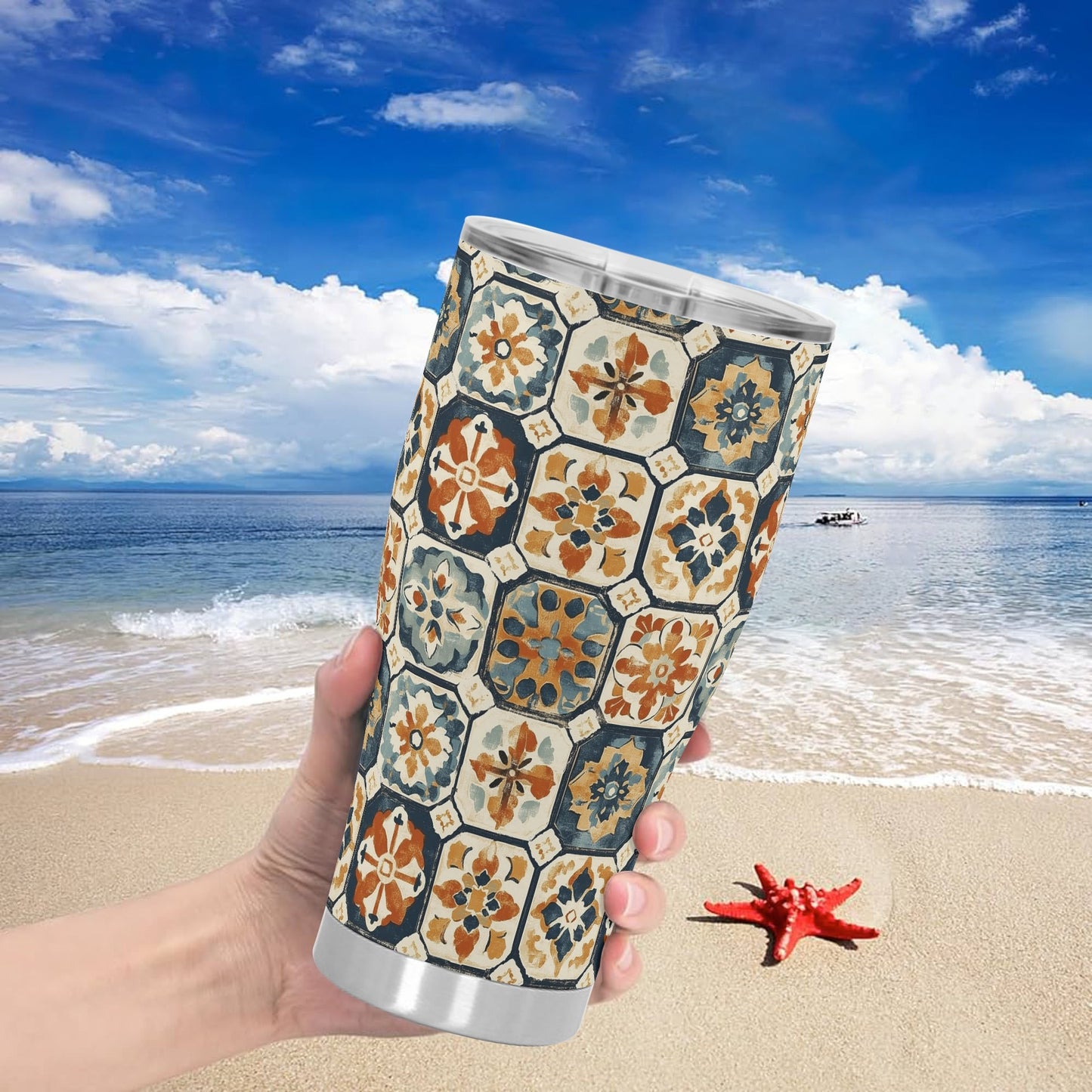 Vintage Mediterranean Tile Stainless Steel Tumbler 30oz