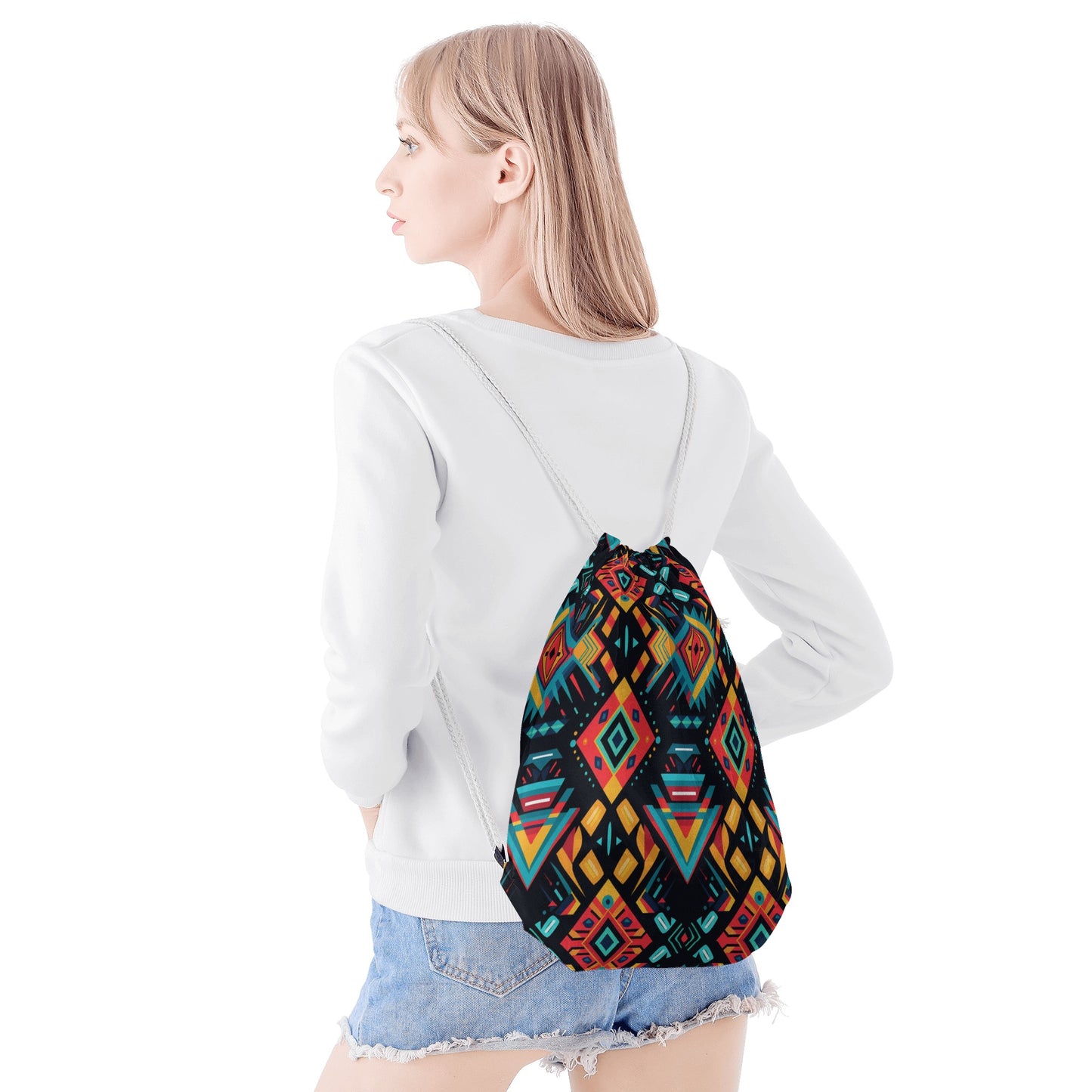 Vibrant Geometric Tapestry Drawstring Bag