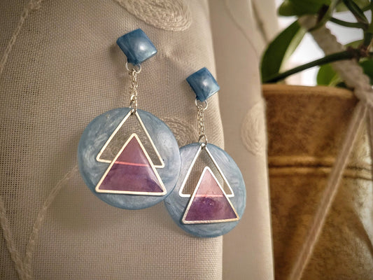 Geometric Silver, Pink, & Blue Earrings