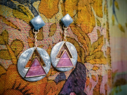 Geometric Silver, Pink, & Blue Earrings