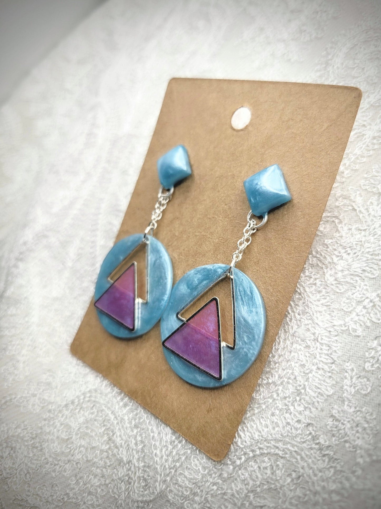 Geometric Silver, Pink, & Blue Earrings