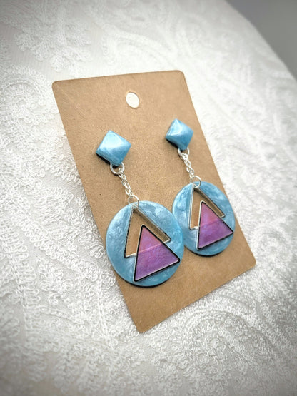 Geometric Silver, Pink, & Blue Earrings