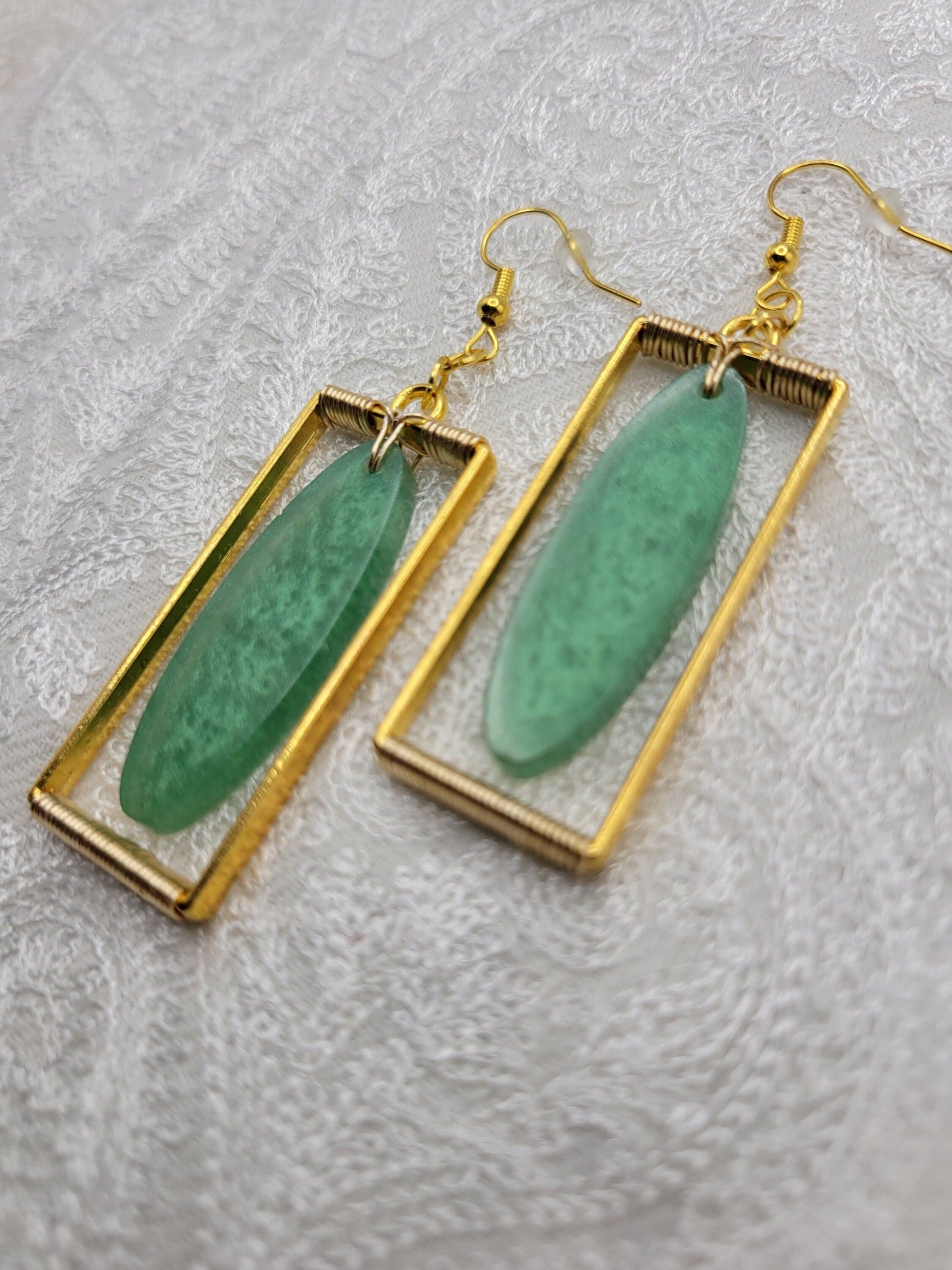 Gold/Jade Green Rectangle Earrings