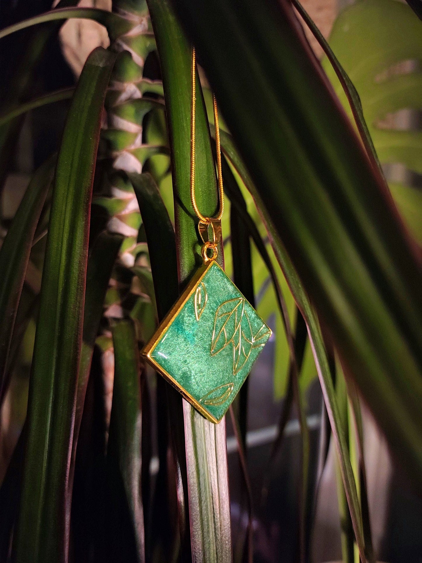 Cloisonné-Style Square Leaf Pendant