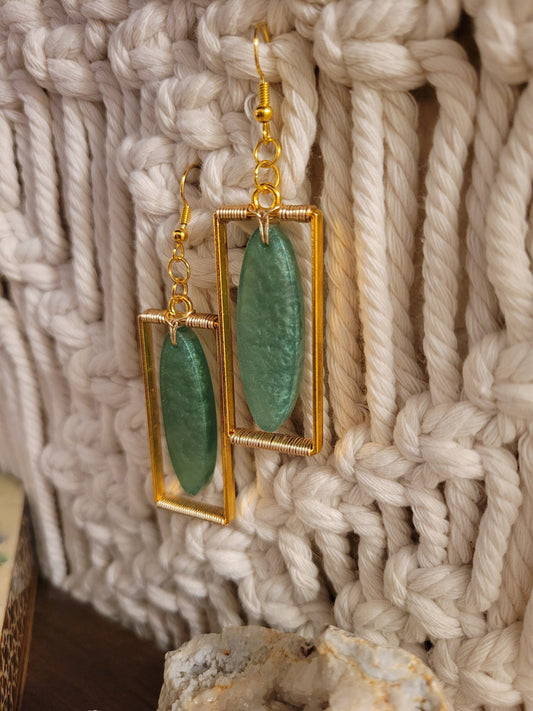 Gold/Jade Green Rectangle Earrings